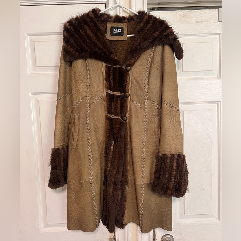 Hooded Shearling Trench Coat in Tan and Dark Brown